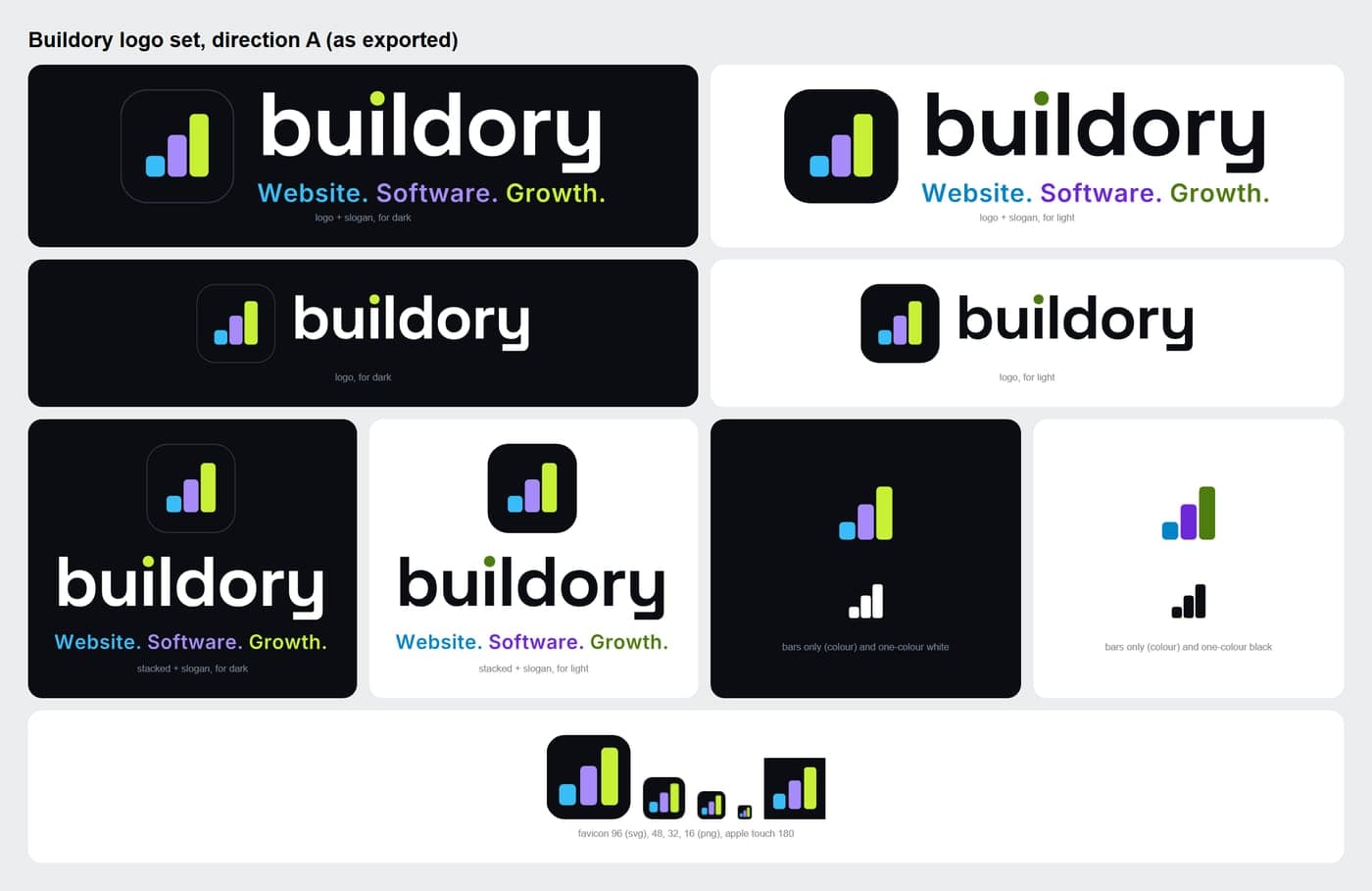 The Buildory logo in its light and dark versions, with the icon and favicon.
