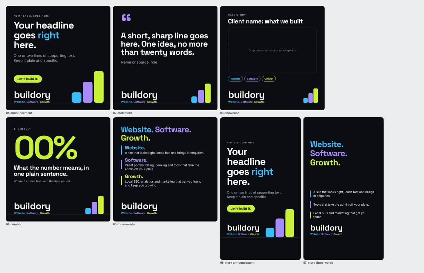 Post and story layouts built for the Buildory feed.