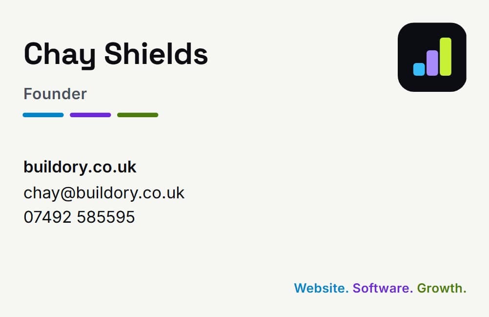 The back of the Buildory business card, with the founder's details.