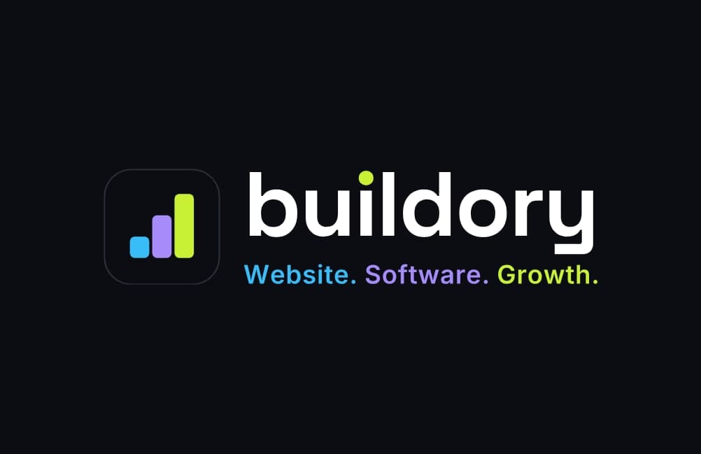 Buildory's own business card: black branding with the three-colour slogan and contact details.