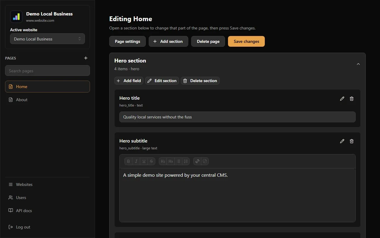 The CMS editor showing a page's sections, with text boxes for a title and a subtitle