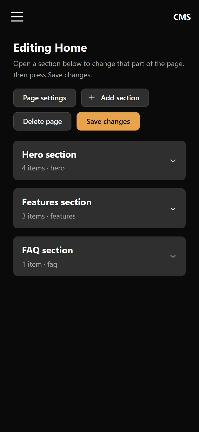 The CMS editor on a phone, listing a page's sections