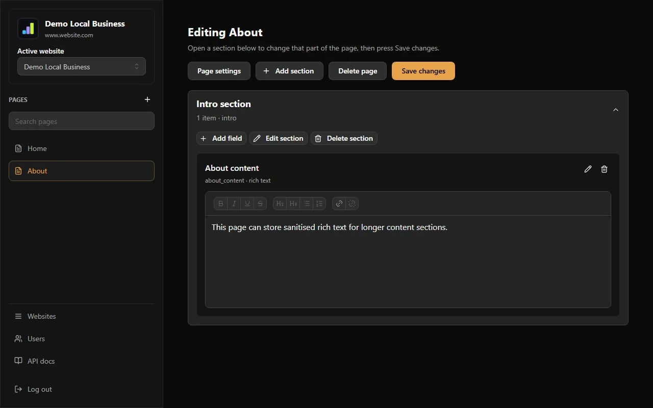 The CMS rich text editor with bold, heading, list and link buttons